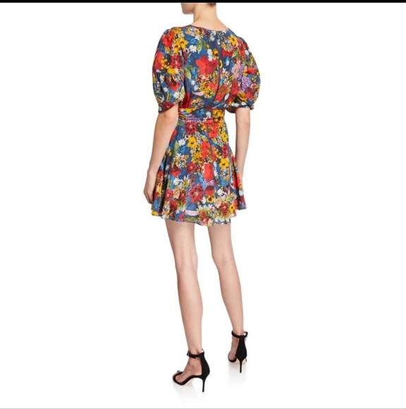 Alice + Olivia Floral Balloon Sleeve Kerri Bishop Dress Tie V-neck Silk Sz 6 - Picture 3 of 16